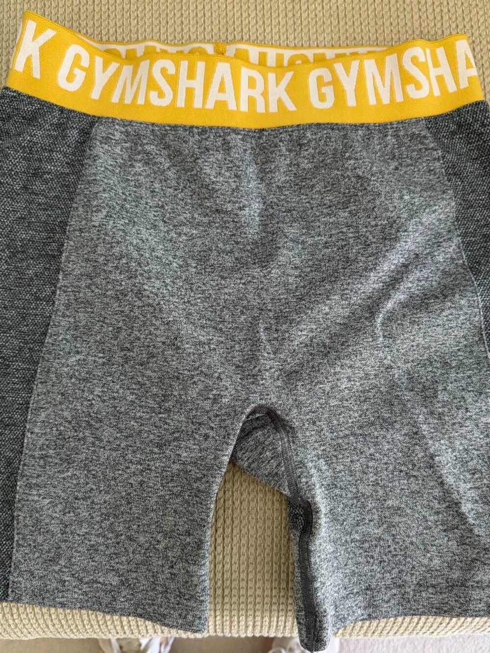 Gymshark Flex Shorts - Gray/Black Spec with Yellow Band - Women's Large